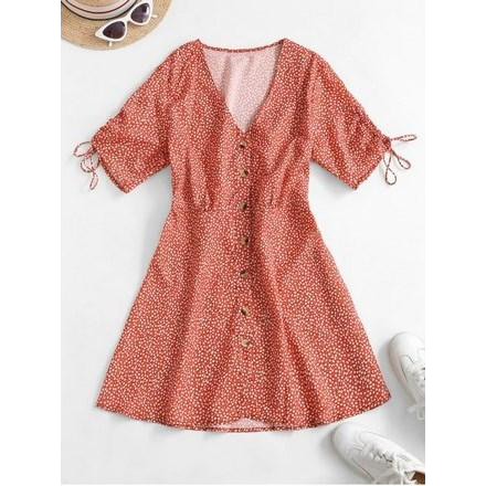 Button Up Cinched Sleeve Ditsy Floral Mini Dress
